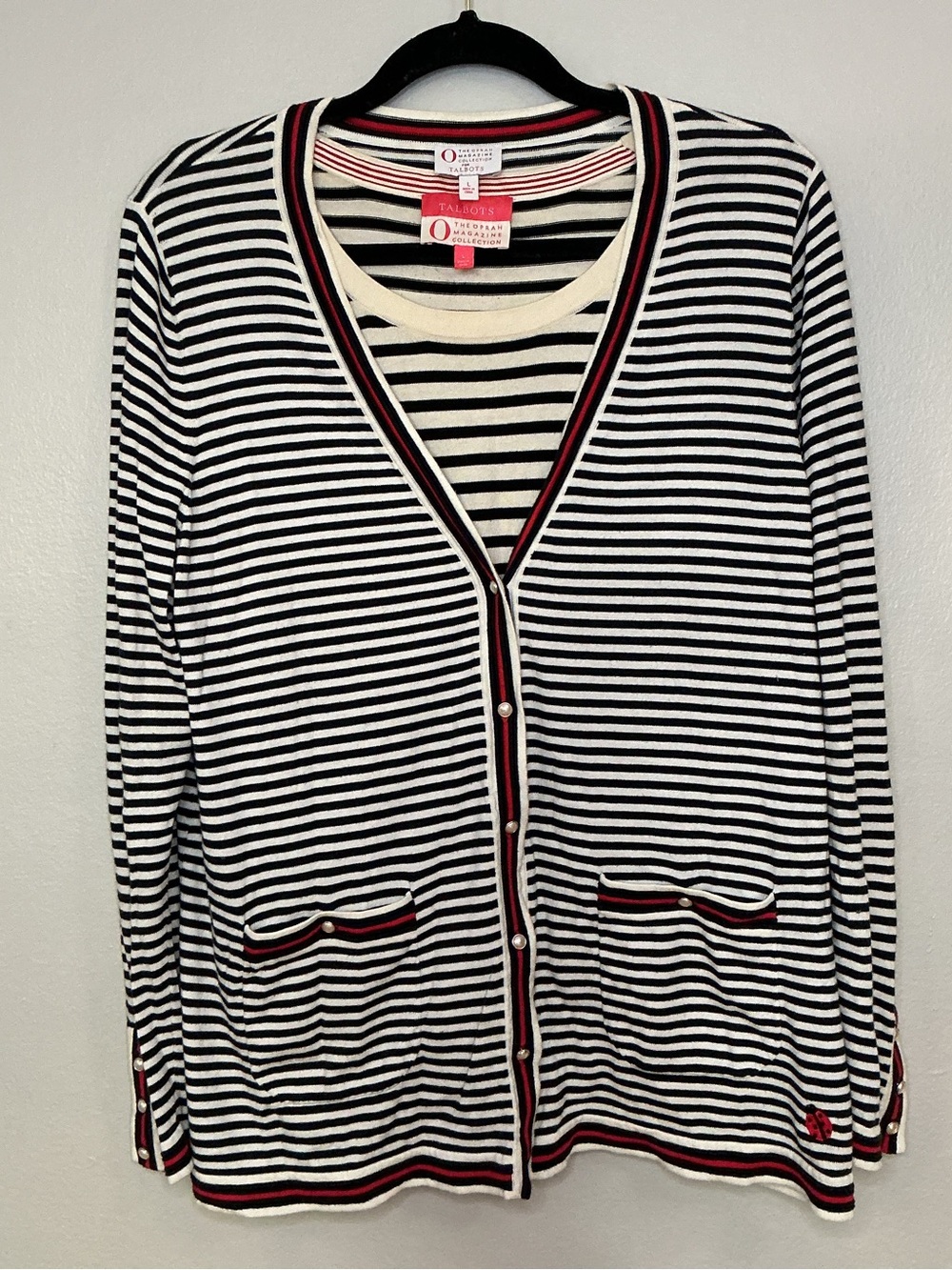 Talbots x O Oprah Magazine Stripe Cardigan & Tank Top 2pc Twimset Size L Cotton
